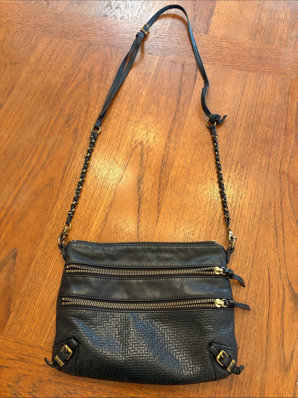 Elliott Lucca Black Leather Crossbody Bag with Gold Hardware
